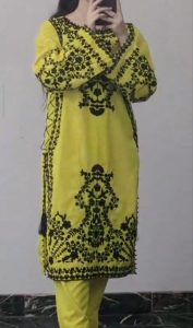 Heavy embroidery work on shirt and sleeves front side full embroided hand made moti work on sleeves and daman 3PCS Article Size measurement Chest:20 Shirt length:40 Stuff lawn Trouser length:40 Stuff lawn Duppta stuff organza All size’s available 