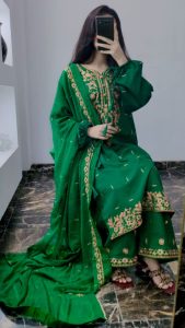 Heavy embroidery on shirt's front side sleeves and duppta All over trouser are embroidered All over duppta embroidered 3PCS Artical Size measurement Chest :20 Shirt length :38 Stuff lawn Trouser length :40 Stuff lawn Duppta stuff pure All sizes Available